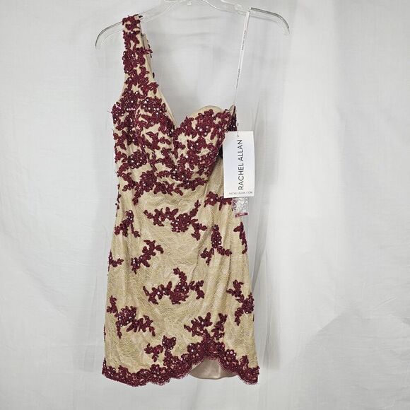 Rachel Allan Formal Dress One Shoulder Wine Latte Beaded Short Prom Evening Sz 4 - Picture 1 of 8